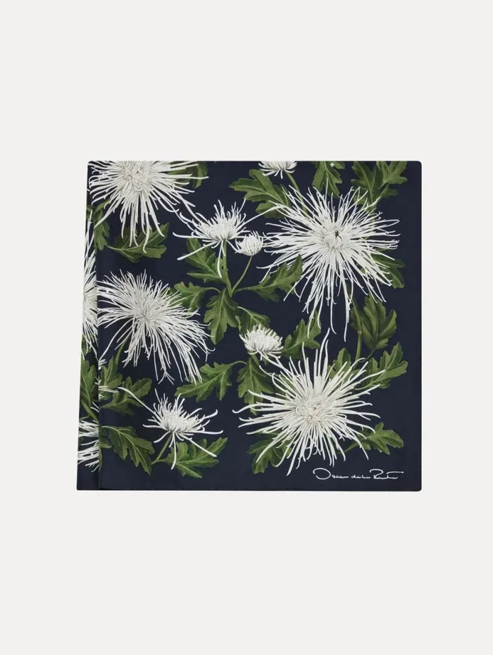 Women Oscar De La Renta Scarves Chrysanthemum Silk Twill Scarf Navy Silver