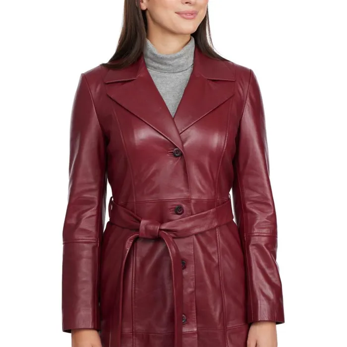 Women Outerwear Badgley Mischka Yuna Single Breasted Leather Trench Coat Oxsblood