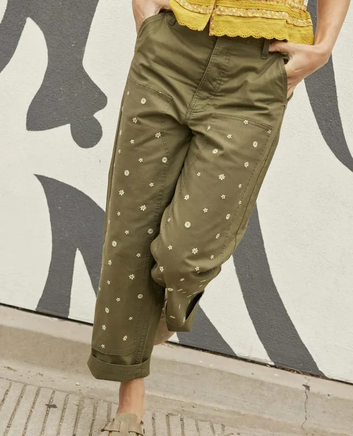 Women Pants Toad and Co Juniper Utility Pant Olive Flower Embroidery