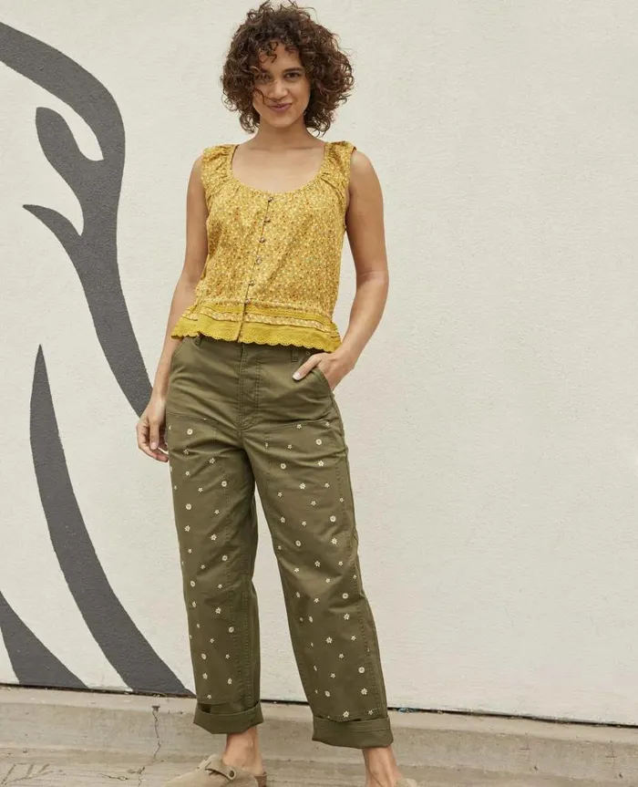 Women Pants Toad and Co Juniper Utility Pant Olive Flower Embroidery