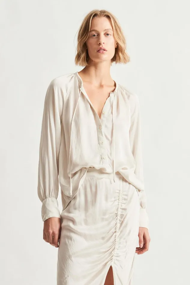 Women Pebble Satin Dirty White Poet Blouse Raquel Allegra Tops