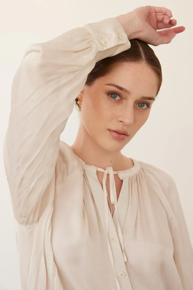 Women Pebble Satin Dirty White Poet Blouse Raquel Allegra Tops