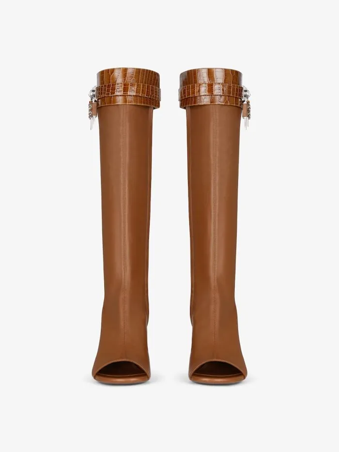 Women Shark Lock Givenchy Shark Lock Stiletto Sandal Boots In Leather Chestnut