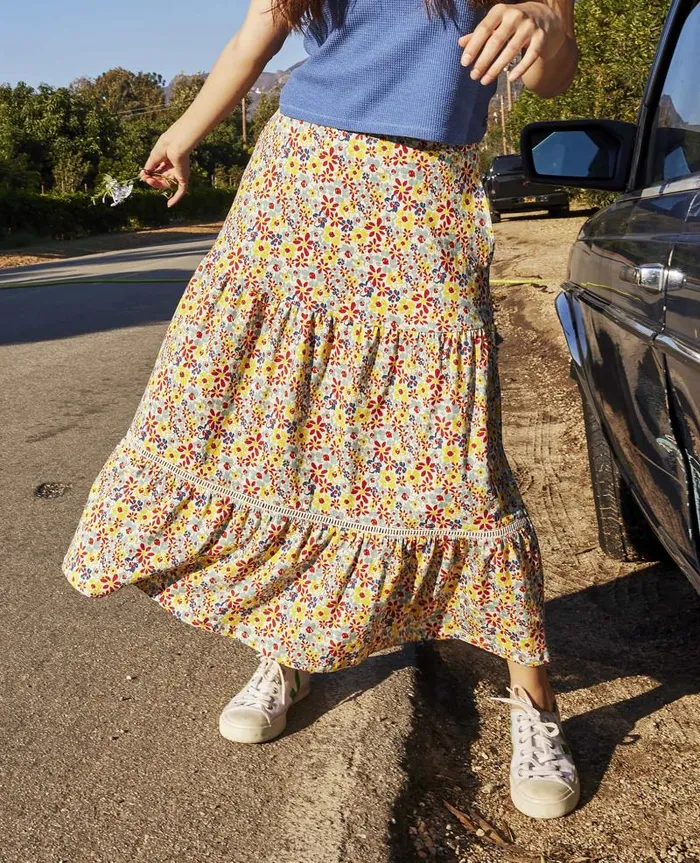 Women Skirts and Skorts Toad and Co Marigold Tiered Midi Skirt Barley Multi Floral Print