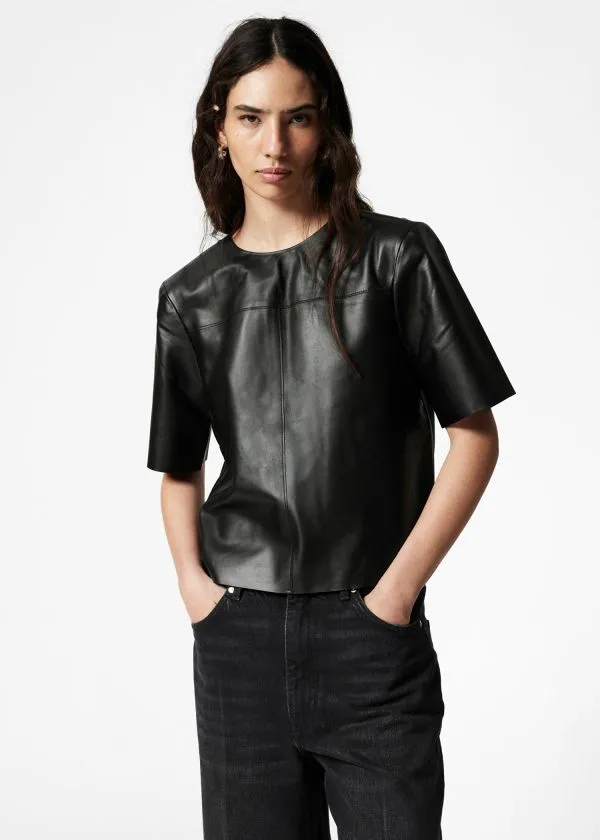 Women Tops and Tshirts and Other Stories Boxy Leather TShirt Black