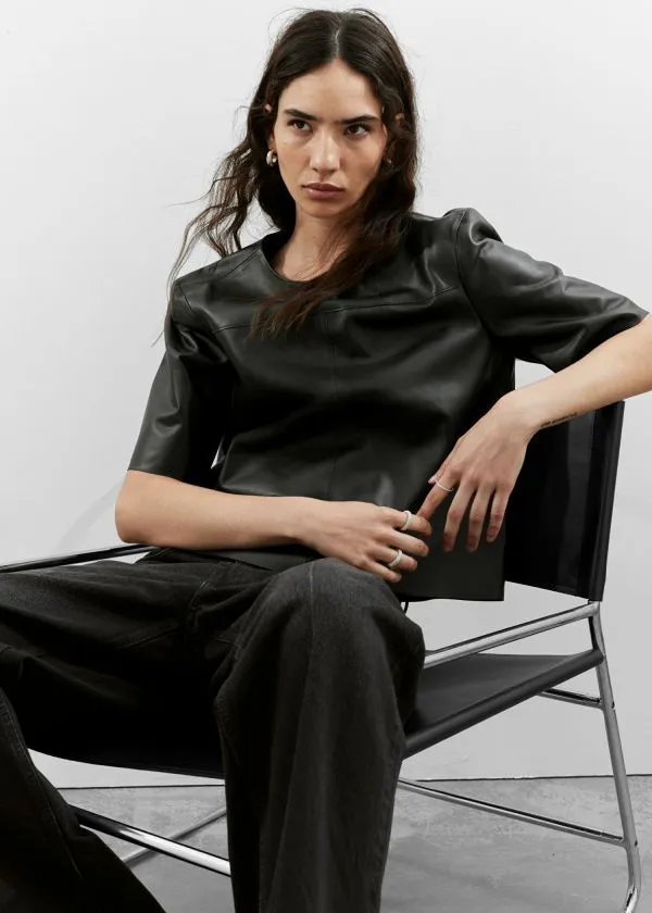 Women Tops and Tshirts and Other Stories Boxy Leather TShirt Black
