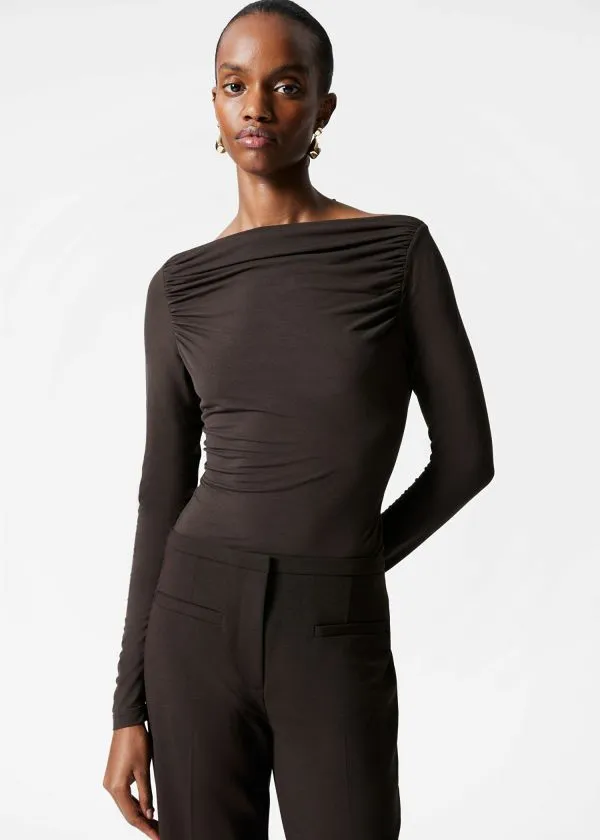 Women Tops and Tshirts and Other Stories Draped Boatneck Top Brown