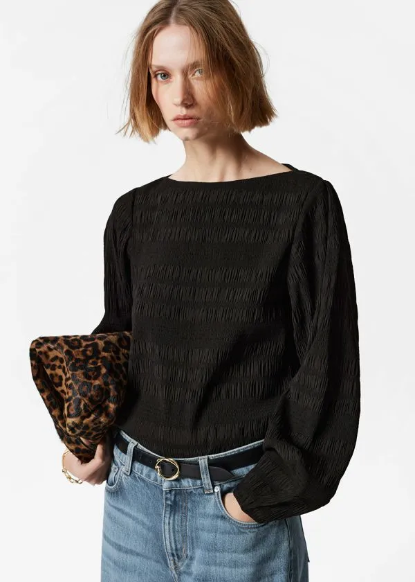 Women Tops and Tshirts and Other Stories Smocked BoatNeck Top Black