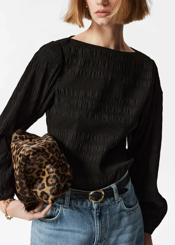 Women Tops and Tshirts and Other Stories Smocked BoatNeck Top Black