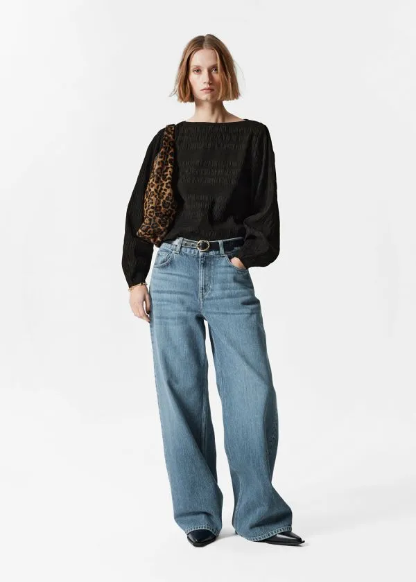 Women Tops and Tshirts and Other Stories Smocked BoatNeck Top Black