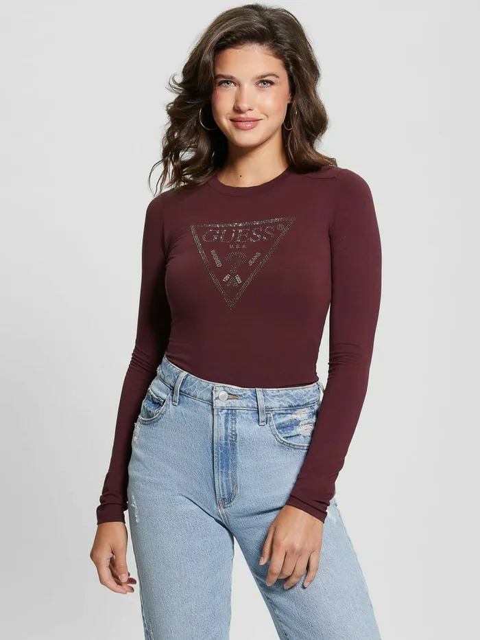 Women Tops GUESS Eco Rhinestone Triangle LongSleeve Bodysuit Mystic Wine