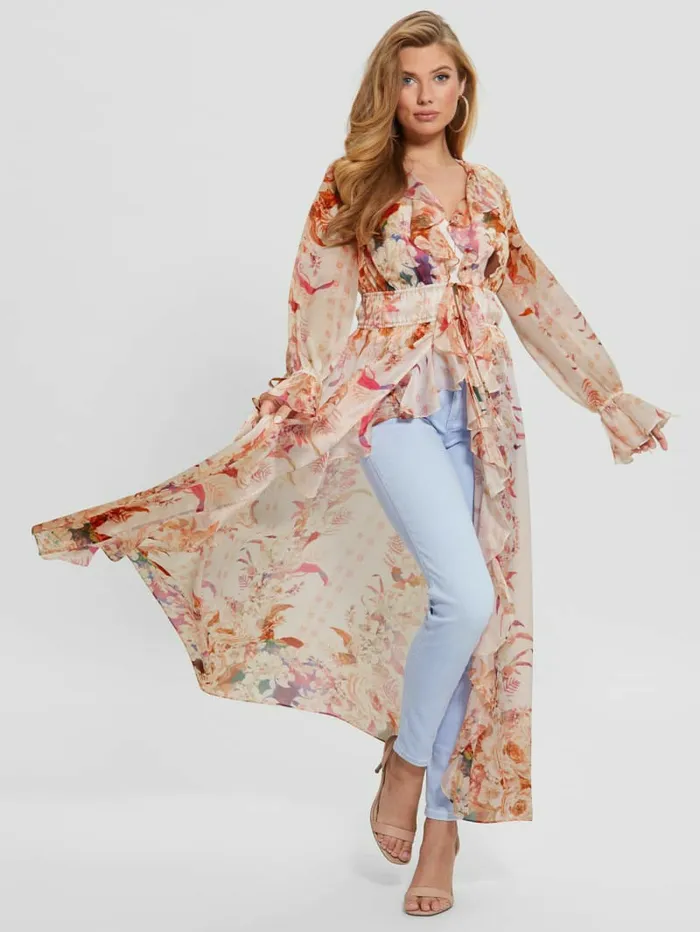 Women Tops GUESS Eco Vanessa Printed Chiffon Duster Reclaimed Romance