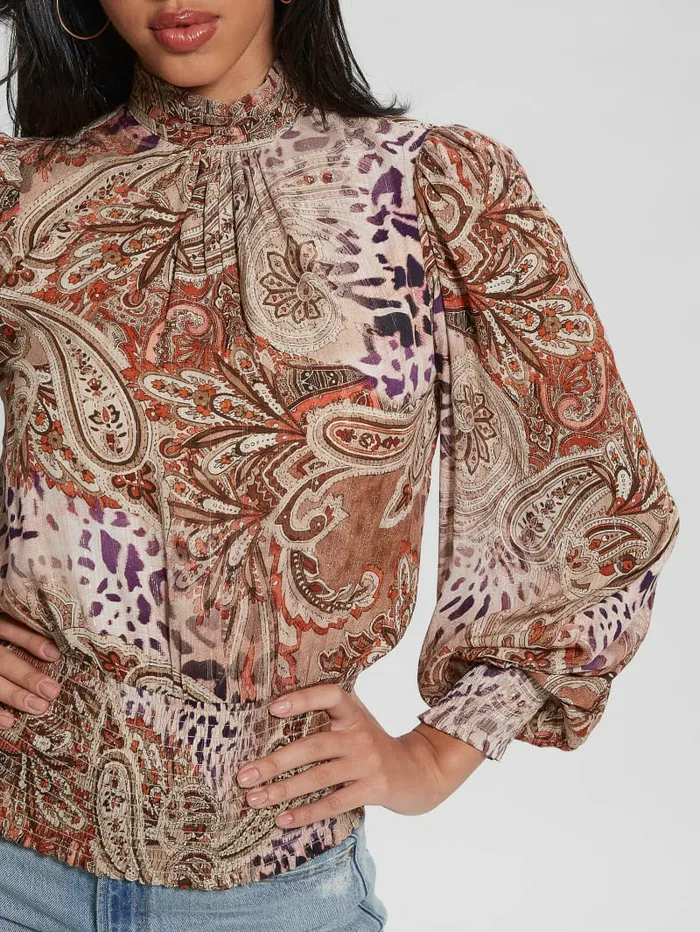 Women Tops GUESS Monique Printed Chiffon Top Red Multi Pattern