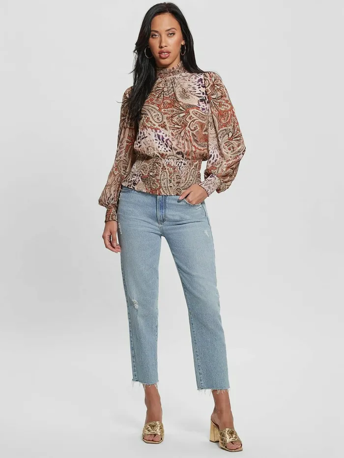 Women Tops GUESS Monique Printed Chiffon Top Red Multi Pattern