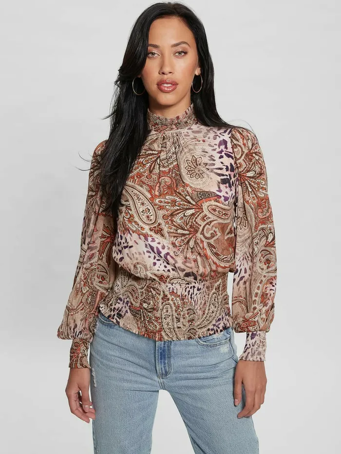 Women Tops GUESS Monique Printed Chiffon Top Red Multi Pattern