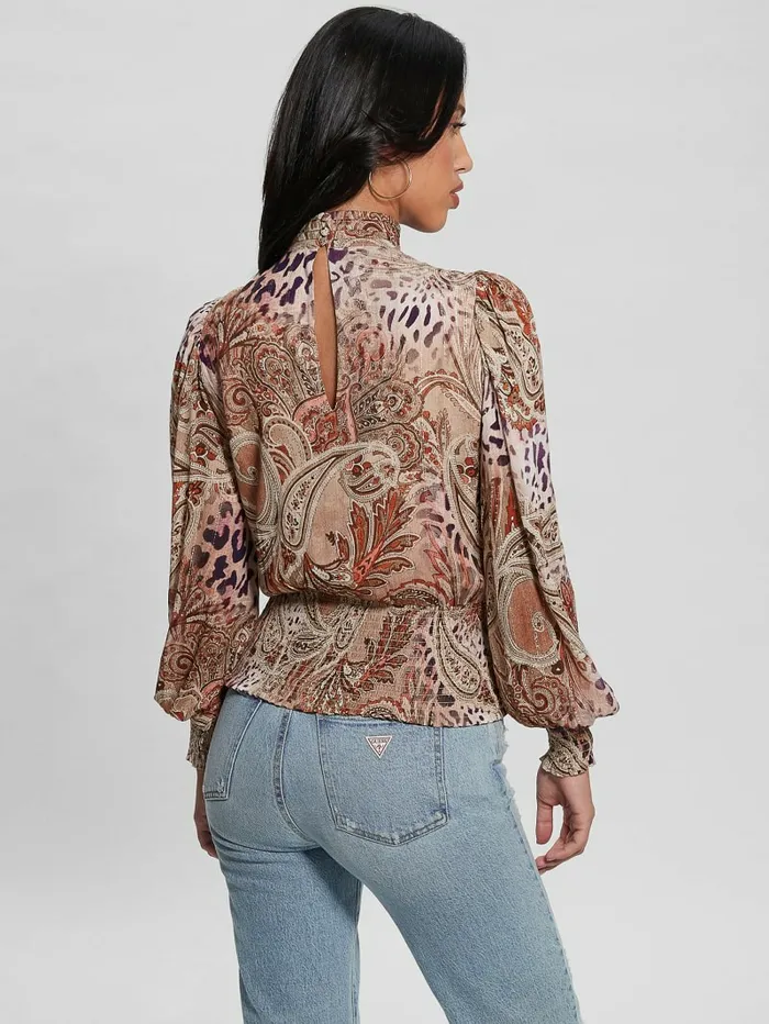 Women Tops GUESS Monique Printed Chiffon Top Red Multi Pattern