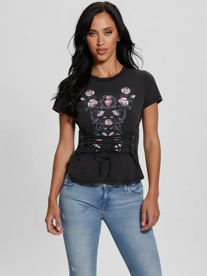 Women Tops GUESS Rocker Rose Heart LaceUp Tee Jet Black Multi Women Tops GUESS Rocker Rose Heart LaceUp Tee Jet Black Multi