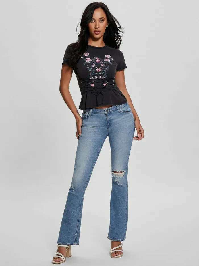 Women Tops GUESS Rocker Rose Heart LaceUp Tee Jet Black Multi Women Tops GUESS Rocker Rose Heart LaceUp Tee Jet Black Multi