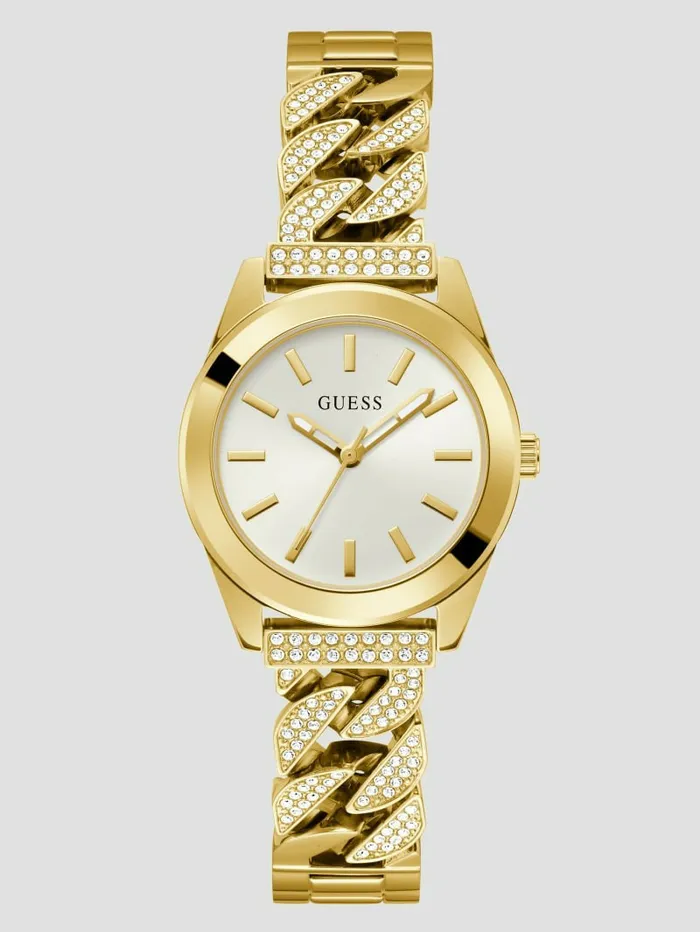 Women Watches GUESS GoldTone Crystal Curb Chain Analog Watch Gold