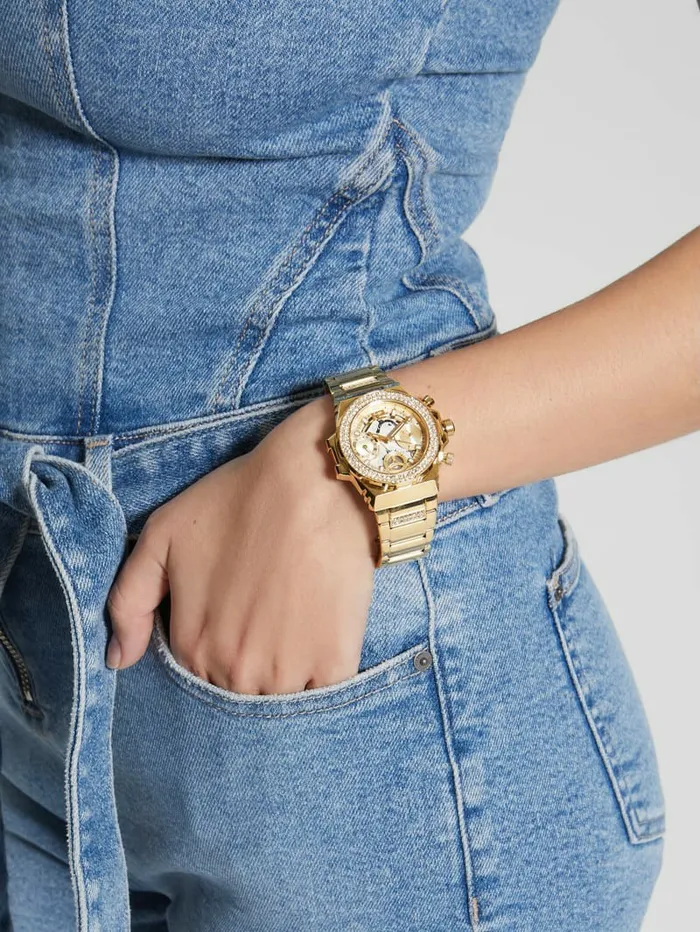 Women Watches GUESS GoldTone Crystal CutThrough Multifunction Watch Gold